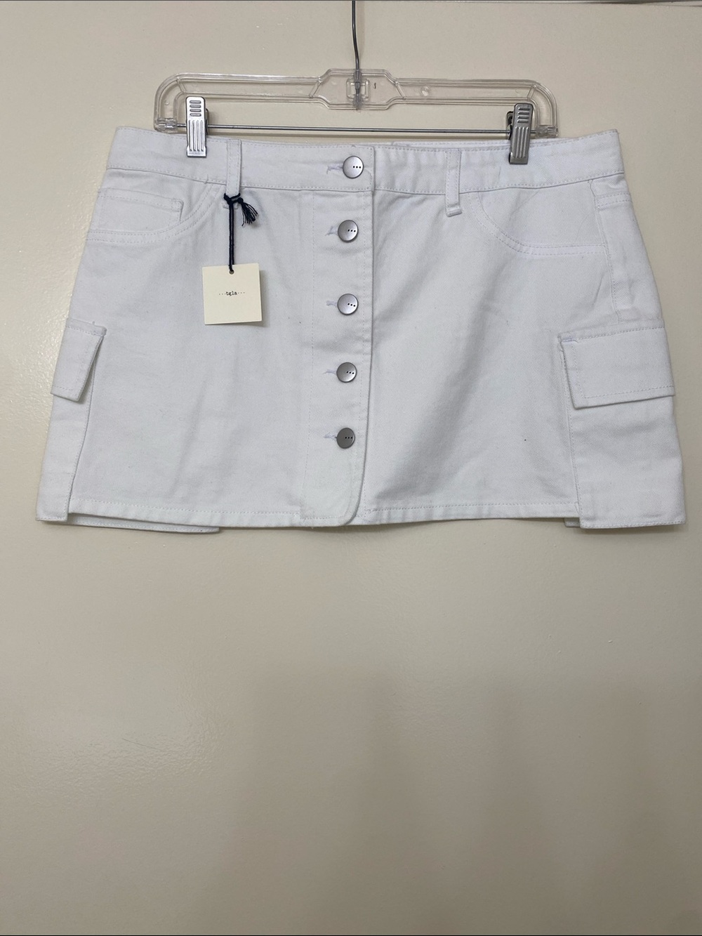 White Button-Front Denim Cargo Mini Skirt